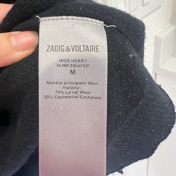 Zadig & Voltaire Miss Heart Cashmere Sweater Black White Size M - Picture 4 of 5